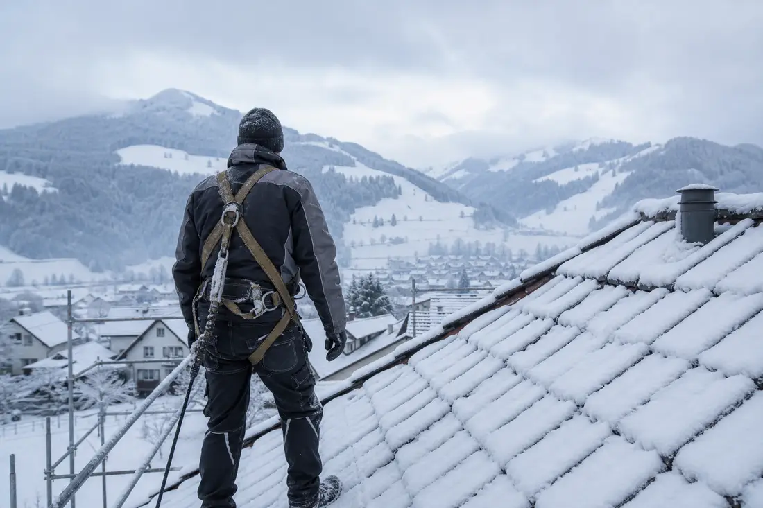 Dachdecker bei der Winterinspektion eines verschneiten Steildachs in der Deutschschweiz