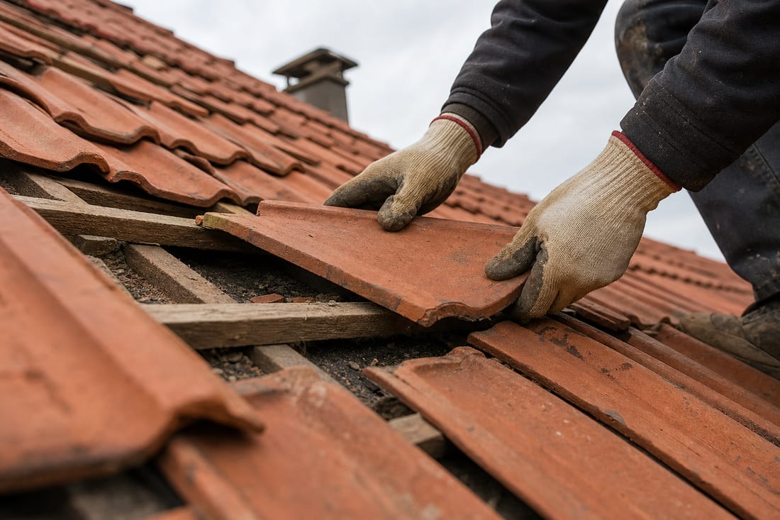 Beispiel: Dachdecker setzt von hinten gesehen einen neuen Ziegel auf einem Steildach ein